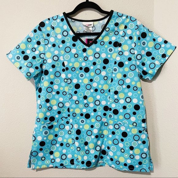 🌈 ⭐️5 FOR 25⭐️🌈 Scrubstar Blue w/ Black & Green Polkadot Scrub Top - Picture 1 of 3